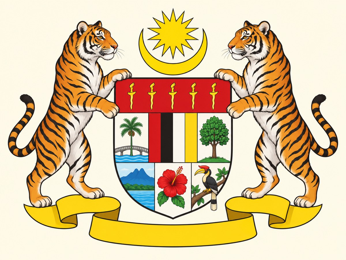 Gambar ringkas Jata Negara Malaysia: dua ekor harimau memegang perisai, dengan bulan sabit dan bintang pecah 14 di atas serta pita di bawah