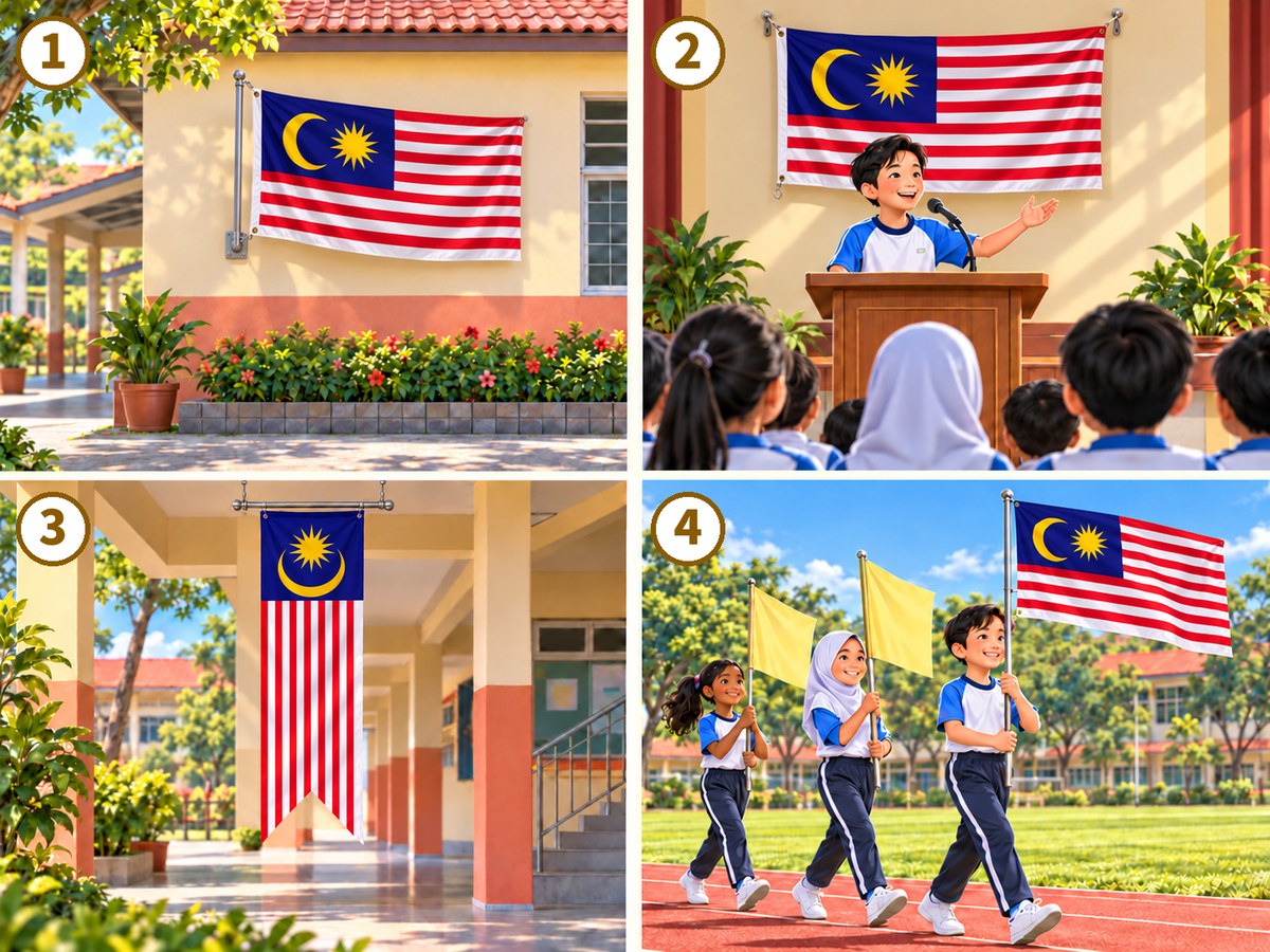 Gambar peraturan menggantung bendera: digantung di dinding, sebagai latar pentas, digantung menegak dan dalam perbarisan